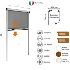 Zanzariera a Rullo Verticale Riducibile professionale per Finestra con Frizione MADE IN ITALY