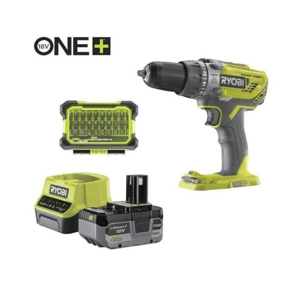 Trapano avvitatore a batteria 4Ah con percussione Ryobi 18V + set accessori - immagine 1