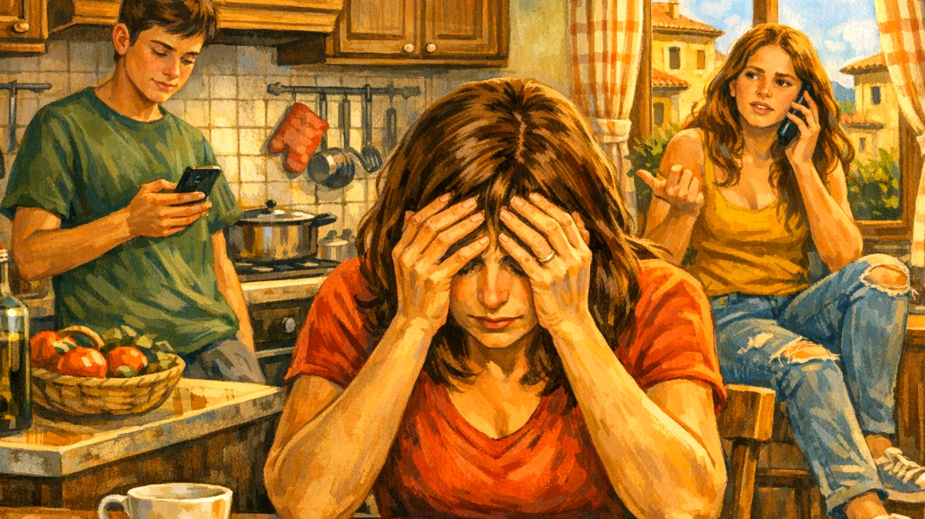 Mamma esausta che fatica a trovare energie e tempo per dedicarsi serenamente ai figli adolescenti, sentendosi in colpa per non essere abbastanza presente nei momenti importanti della loro crescita"