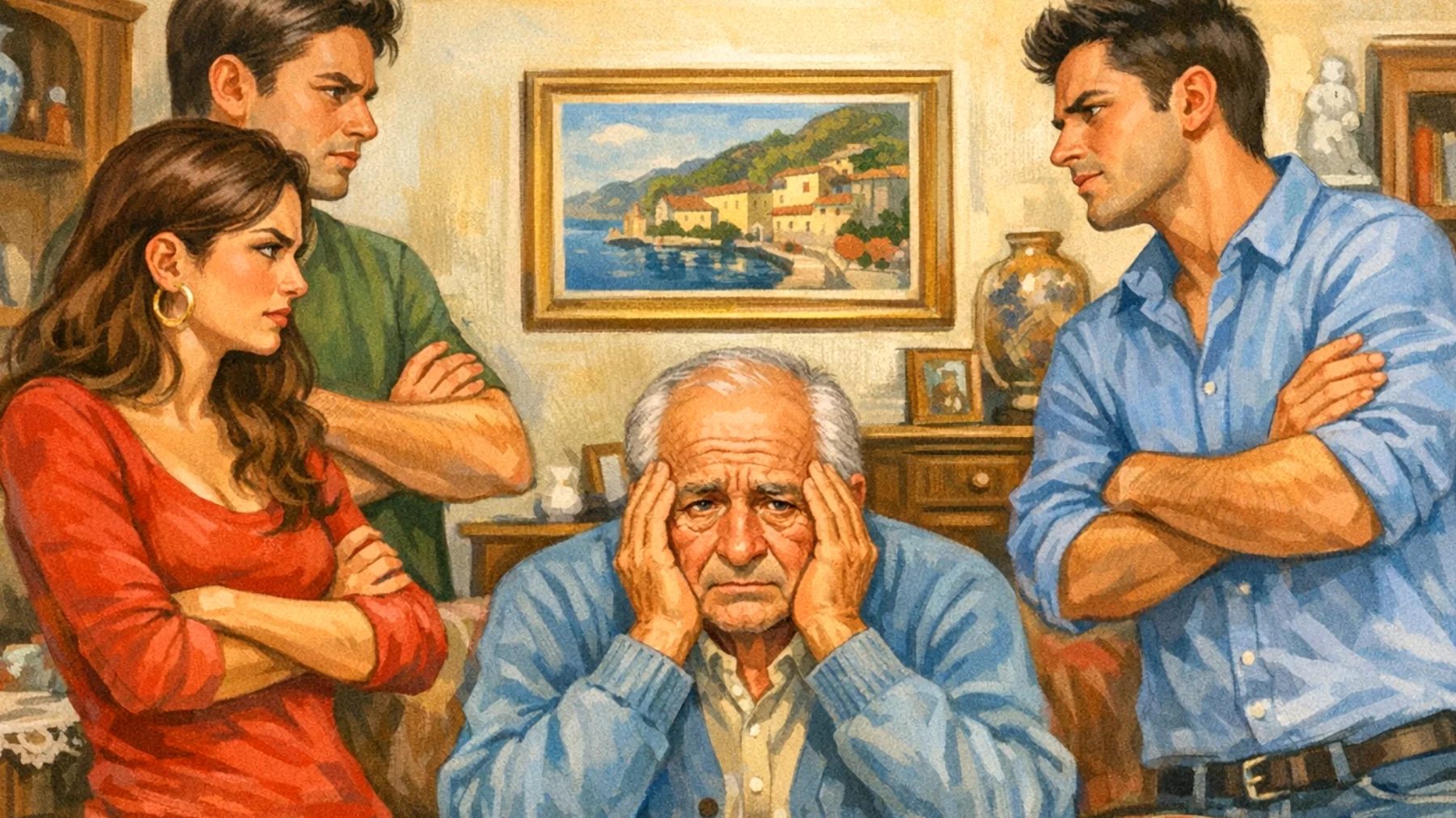 Un nonno si trova a gestire la gelosia e la rivalità tra nipoti giovani adulti che competono per la sua attenzione, il suo sostegno economico o il suo riconoscimento affettivo, creando tensioni familiari e mettendo il nonno in difficoltà nel mantenere l'equilibrio senza favorire nessuno."