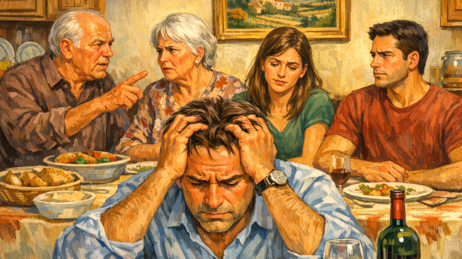 Un papà si trova in conflitto con i suoceri o con la propria famiglia d'origine riguardo alle scelte educative e di vita dei figli giovani adulti, creando tensioni che influenzano negativamente il rapporto con i figli stessi"