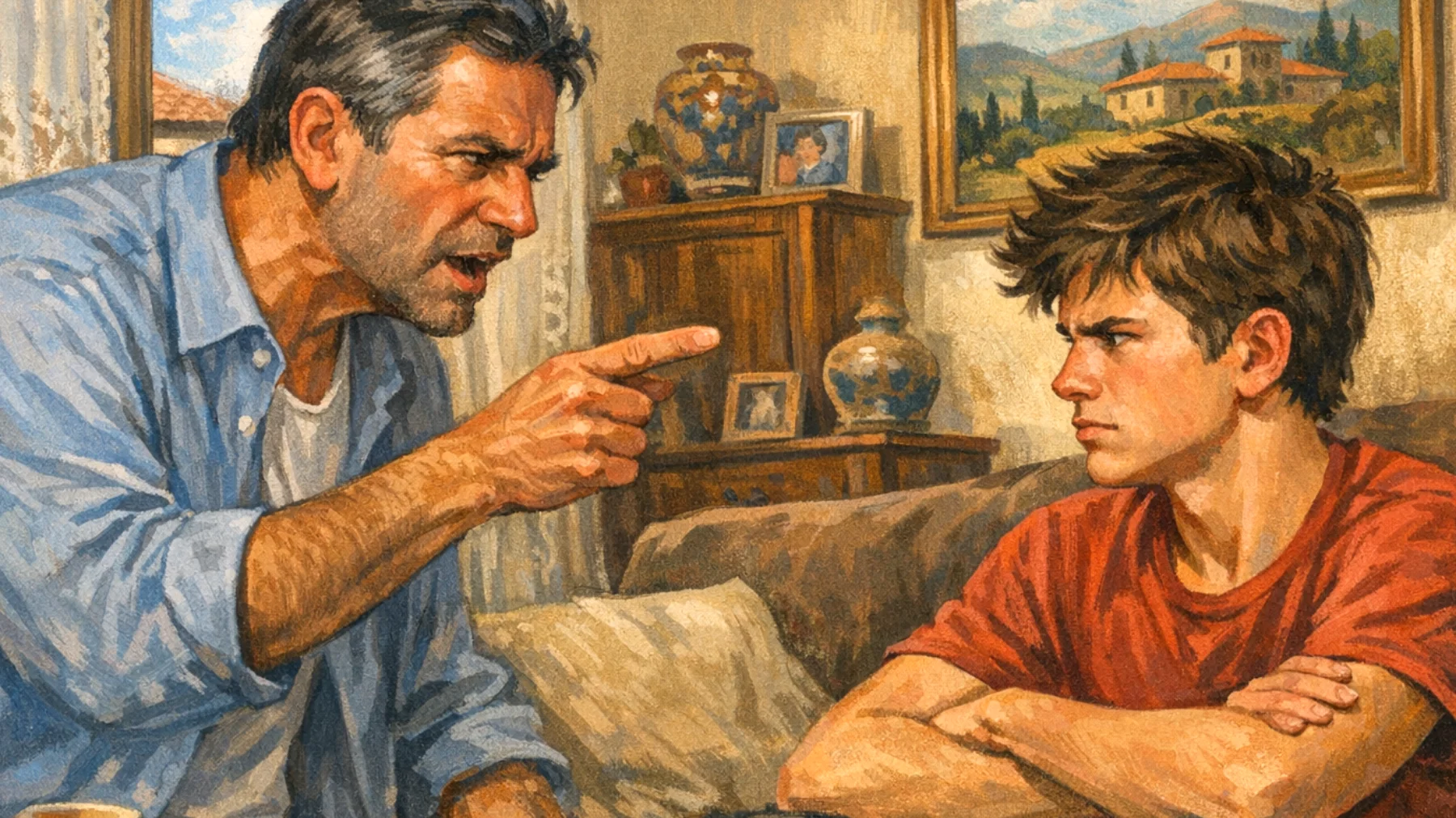 Papà che fatica a gestire le reazioni esplosive del figlio adolescente quando le cose non vanno come vorrebbe, con frequenti scontri e incomprensioni reciproche"